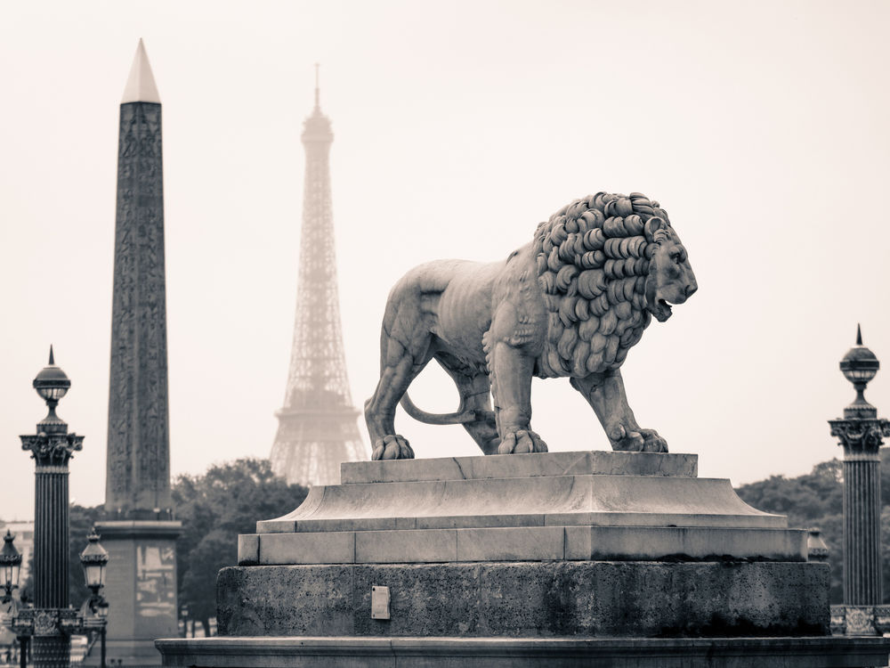 Обои для рабочего стола Памятники города Парижа - Статуя Льва, Эйфелева башня, столб / Paris, France