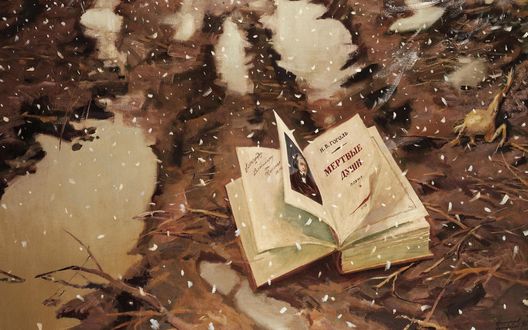 Обои на рабочий стол Книга Н. В. Гоголя 'Мёртвые души' лежит среди луж на земле под первым снегом
