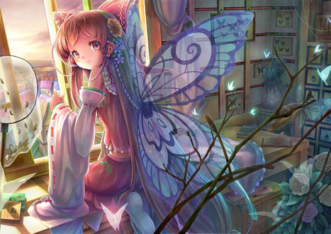 Обои на рабочий стол Рейму Хакурей / Reimu Hakurei из игры Touhou в окружении бабочек сидит перед окном