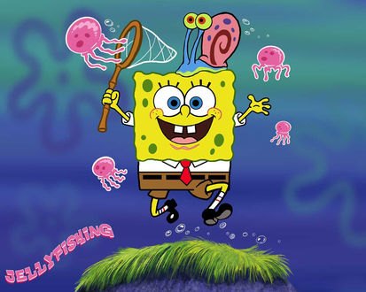 Обои на рабочий стол Губка Боб / SpongeBob Square Pants с улиткой Гери охотятся на медуз (Jellyfishing)