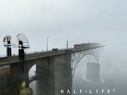 Обои на рабочий стол Half Life 2, грузовой поезд едет через большой мост сквозь плотный туман