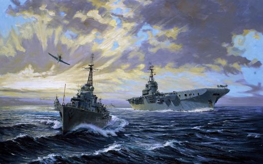 Обои на рабочий стол Авианосцы в море и летящий над ними самолет