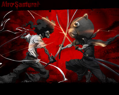 Обои на рабочий стол Два мечника сошлись в жестокой схватке (Afro Samurai/ Афро самурай)