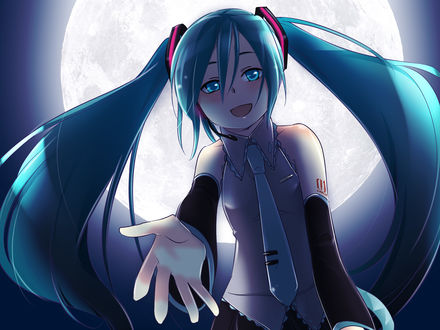 Обои на рабочий стол Вокалоид Хатсуне Мику / Vocaloid Hatsune Miku на фоне луны протягивает руку