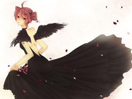 Обои на рабочий стол Вокалоид Касане Тето / Vocaloid Kasane Teto с черными крыльями и одетая в черное платье