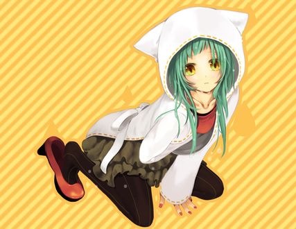 Обои на рабочий стол Вокалоид Гуми Мегпоид / Vocaloid Gumi Megpoid в белой кофте с капюшоном