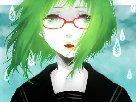 Обои на рабочий стол Плачущая вокалоид Гуми Мегпоид / vocaloid Gumi Megpoid в красных очках на фоне неба и нарисованных капелек