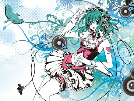 Обои на рабочий стол Вокалоид Гуми Мегпоид / Vocaloid Gumi Megpoid  на фоне из узоров, бабочек и птиц
