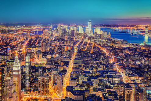 Обои на рабочий стол Вид с высоты птичьего полета на Нью-Йорк / New York ночью
