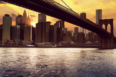 Обои на рабочий стол Бруклинский мост, Нью-йорк, Америка / Brooklyn Bridge, New York, USA ранним утром