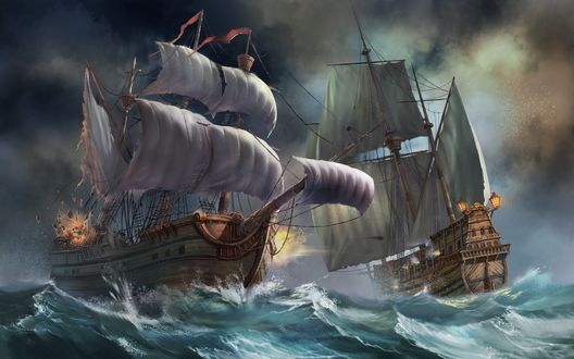 Обои на рабочий стол Сражение двух кораблей во время шторма