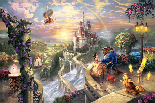 Обои на рабочий стол Картина Красавица и Чудовище / Beauty and the Beast из коллекции Диснеевские Мечты / Disney Dreams, художник Томас Кинкейд / Thomas Kinkade