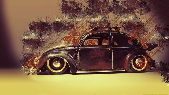 Обои на рабочий стол Фольксваген Жучок / Volkswagen Beetle черного цвета в кустах
