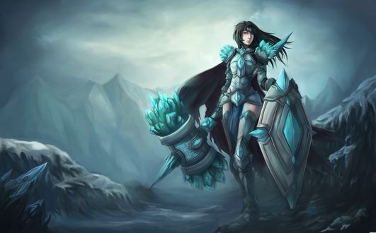 Обои на рабочий стол Женская версия Тарика / Taric из игры League of Legends / Лига Легенд с щитом и огромным молотом в руках на фоне гор