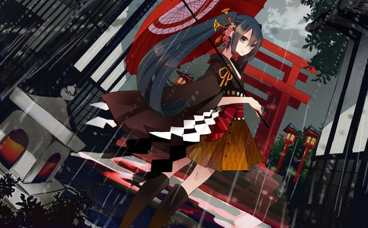 Обои на рабочий стол Вокалоид Мику Хатсуне / vocaloid Miku Hatsune с зонтиком в руке стоит возле ступенек, ведущих к храмовым воротам