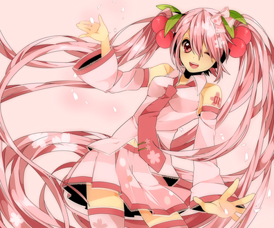 Обои на рабочий стол Вокалоид Сакура Мику / Vocaloid Sakura Miku с вишенками в волосах