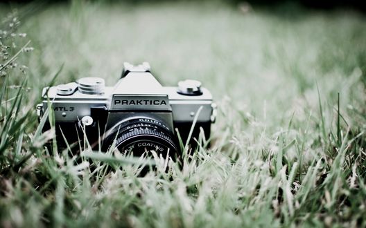 Обои на рабочий стол Старый фотоаппарат в траве (Praktica)
