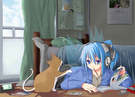 Обои на рабочий стол Cirno / Чирно / Тируно из игры аниме Touhou Project / Пуродзэкуто / Проект Восток лежит на полу за книжкой с наушниками и кошкой