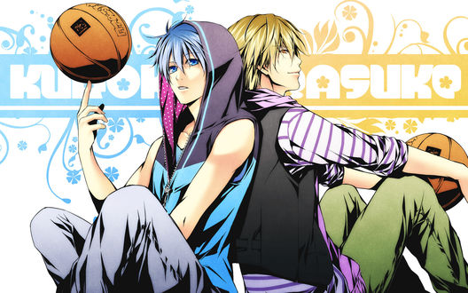Обои на рабочий стол Два парня из манги Kuroko no Basuke с баскетбольными мячам