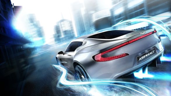 Обои на рабочий стол Обои к игре Asphalt 3D Машина Астон мартин / Aston Martin в голубых всполохах мчится по городской улице (Asphalt / Асфальт)
