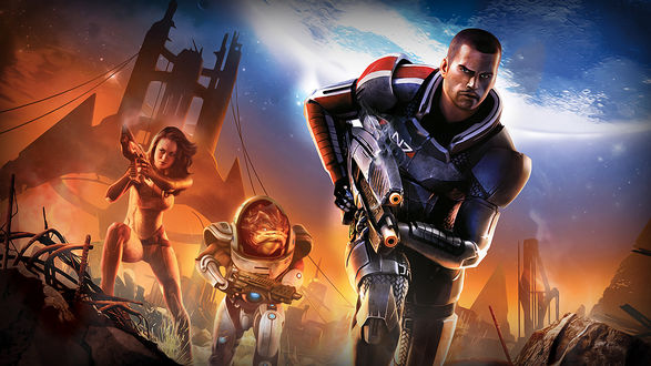 Обои на рабочий стол Капитан Шепард и его команда - персонажи игры Mass Effect 2