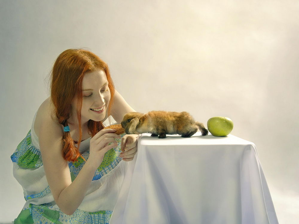 Обои для рабочего стола Рыжая девушка кормит декоративного кролика