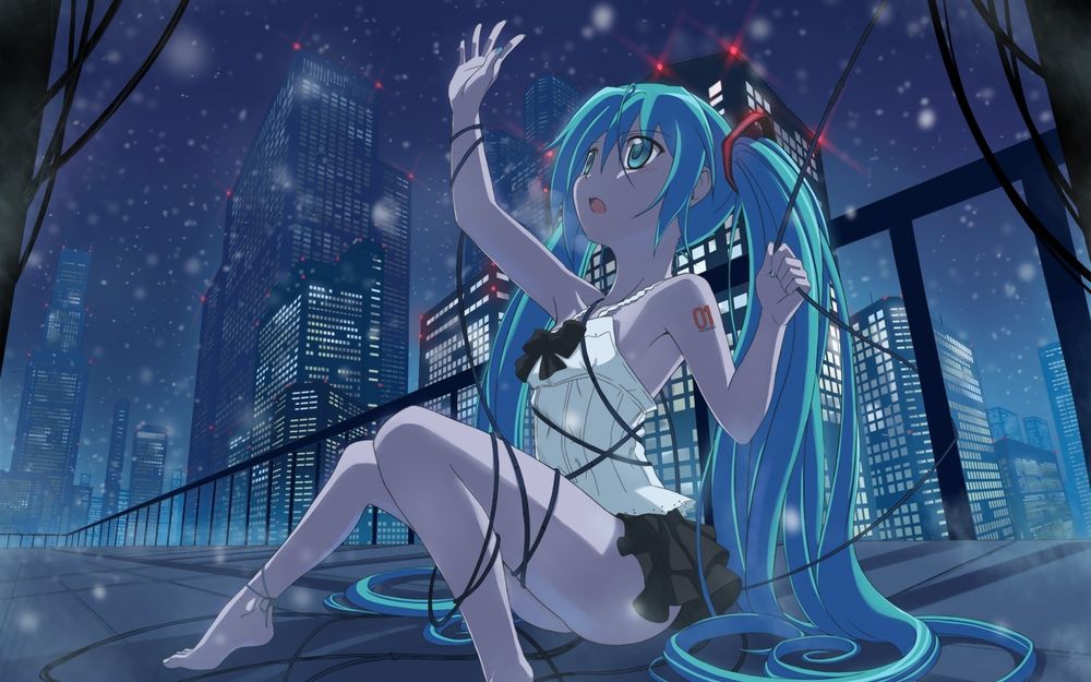 Обои для рабочего стола Вокалоид Мику Хацунэ / Vocaloid Miku Hatsune сидит у окна с видом на ночной город, запутавшись в проводах