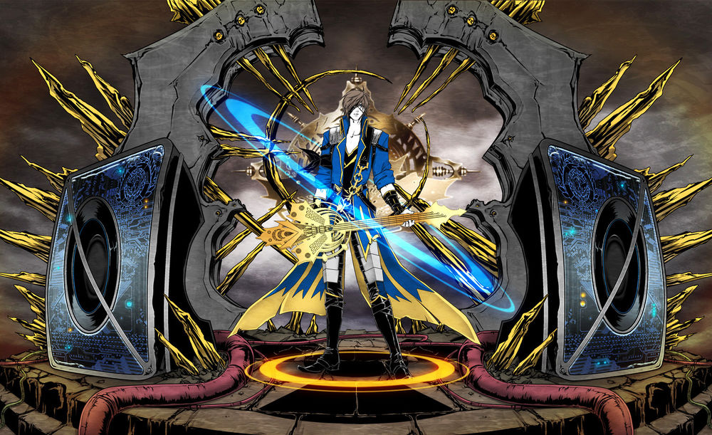 Обои для рабочего стола Date Masamune / Датэ Масамунэ с золотой гитарой из аниме Эпоха Смут / Sengoku Basara