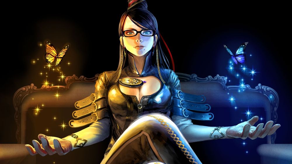 Обои для рабочего стола Байонетта / Bayonetta из игры Bayonetta сидит на диване, слева от нее порхает золотистая бабочка, справа - небесно-голубая