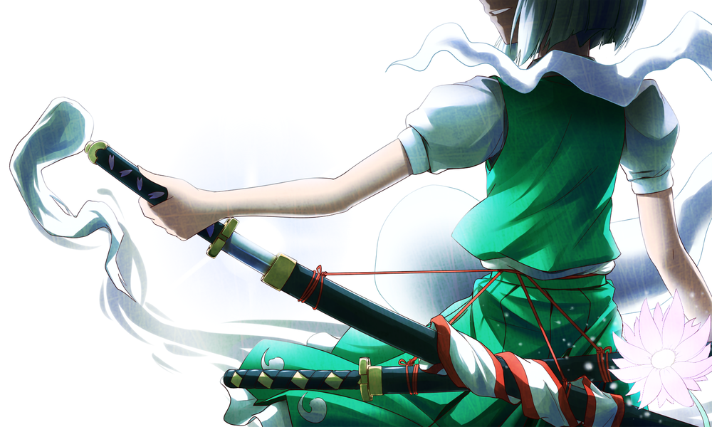 Обои для рабочего стола Ёму Конпаку / Youmu Konpaku из игры Touhou стоит, повернувшись спиной, и держит катану