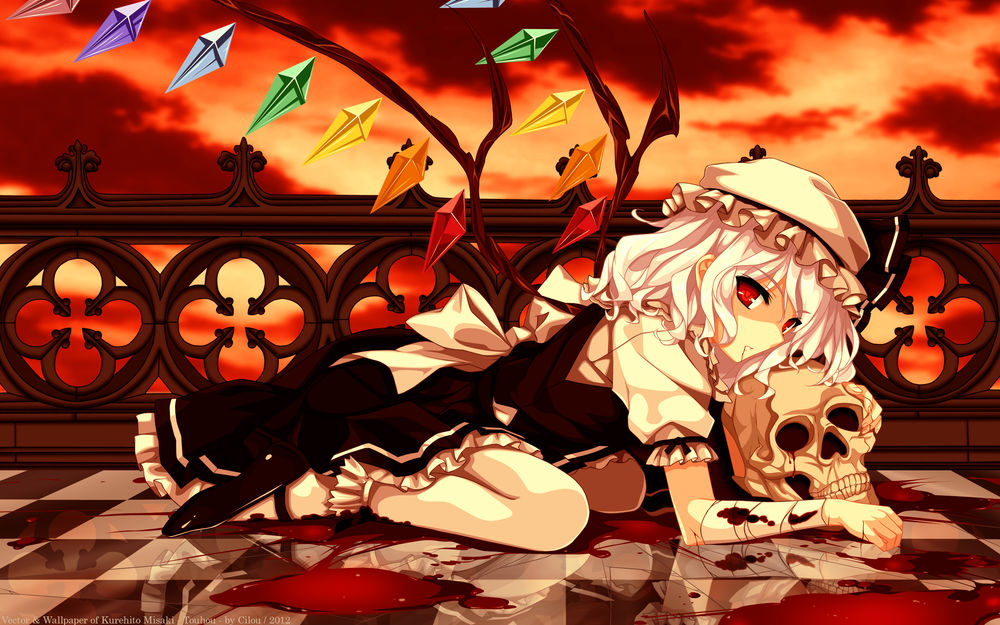 Обои для рабочего стола Flandre Scarlet / Фландр Скарлет из аниме-игры Тохо / Touhou Project в крови лежит на залитом кровью полу балкона и обнимает череп