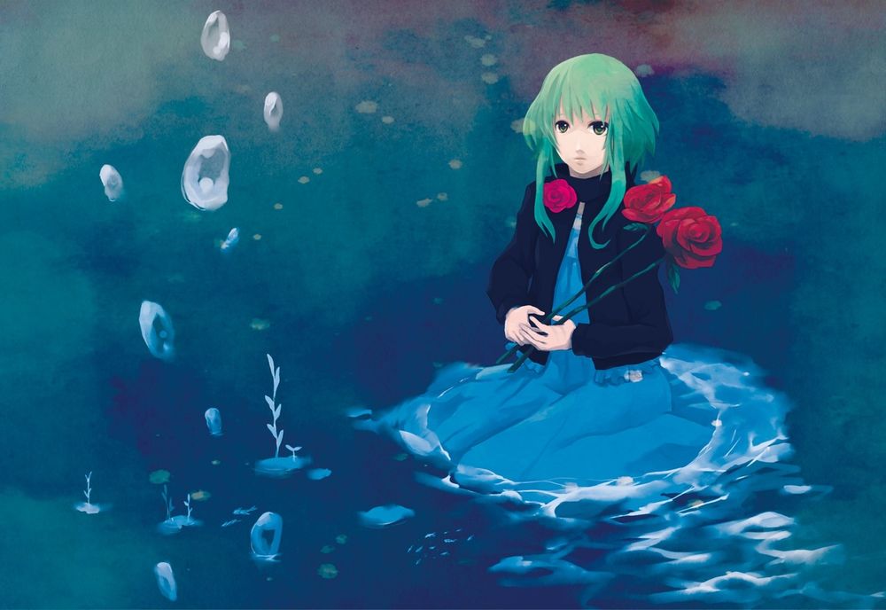 Обои для рабочего стола Вокалоид Гуми Мегпоид / Vocaloid Gumi Megpoid сидит в воде и держит в руках розы