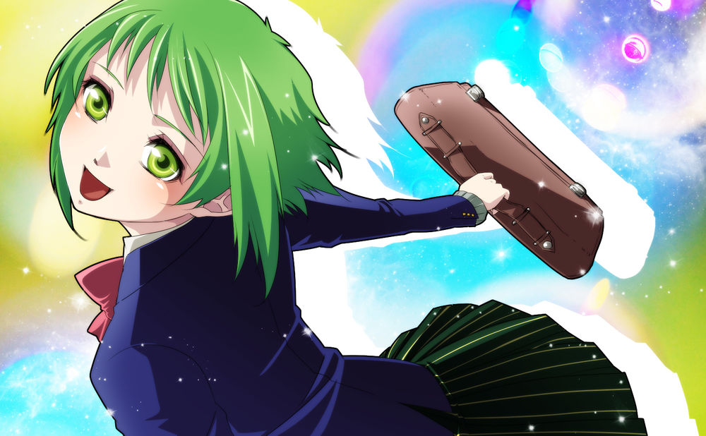 Обои для рабочего стола Вокалоид Гуми Мегпоил / Vocaloid Gumi Megpoid в школьной форме и с портфелем в руке