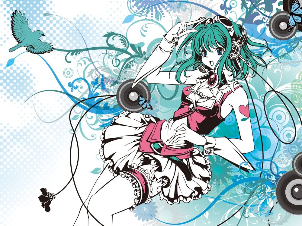 Обои для рабочего стола Вокалоид Гуми Мегпоид / Vocaloid Gumi Megpoid  на фоне из узоров, бабочек и птиц