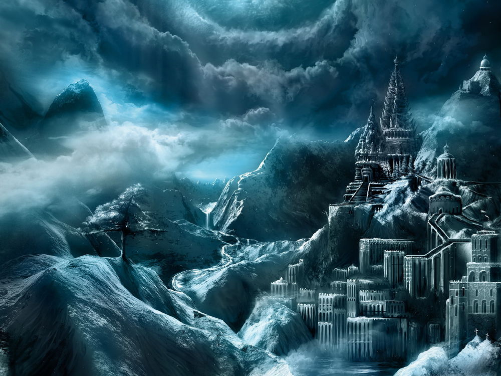 Обои для рабочего стола Магический замок, ночью в горах с водопадом, среди красивых облаков