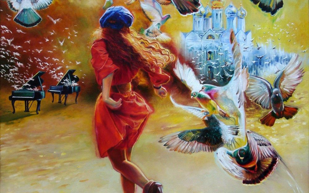 Обои для рабочего стола Девушка в красном платье и синем берете идет к церкви мимо роялей из которых вылетают голуби, художник Wlodzimierz Kuklinski