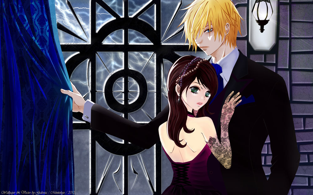 Обои для рабочего стола Kurosaki Tasuku / Тасуку Куросаки и Тэру Курэбаяси / Kurebayashi Teru из манги Мобильная Маргаритка / Dengeki Daisy (Wallpaper & Vector by Galexia / Minitokyo / 2012)