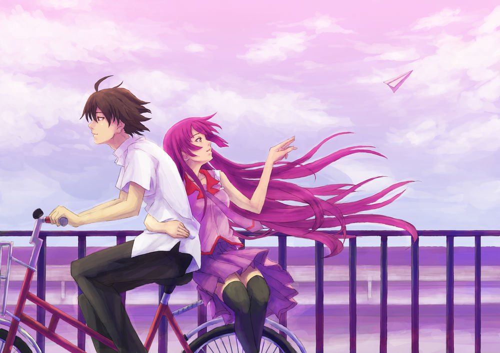 Обои для рабочего стола Senjougahara Hitagi / Хитаги Сендзегахара едет на велосипеде вместе с Коеми Арараги / Araragi Koyomi и пускает бумажный самолетик, аниме Истории монстров / Истории чудовищ / Монстрассказы / Bakemonogatari