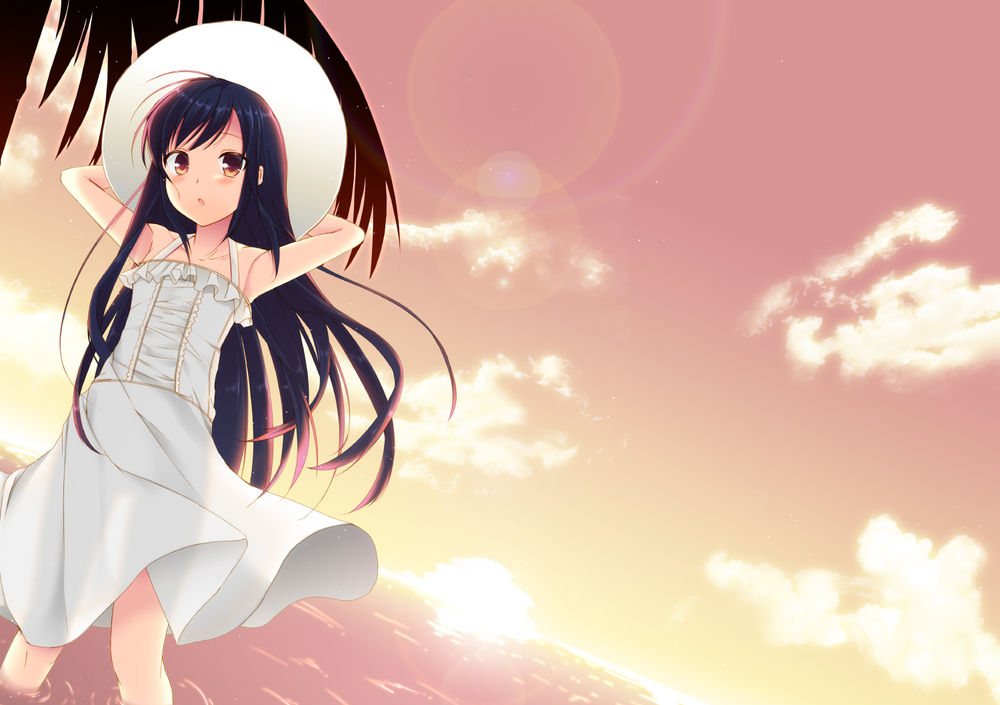 Обои для рабочего стола Kuroyukihime / Куроюкихиме из аниме Ускоренный Мир / Accel World в лёгком белом платьице и шляпке летом у моря на закате дня