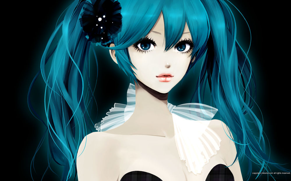 Обои для рабочего стола Vocaloid Hatsune Miku / Вокалоид Хатсуне Мику с черным цветком в волосах смотрит и слегка улыбается, арт от Takenaka