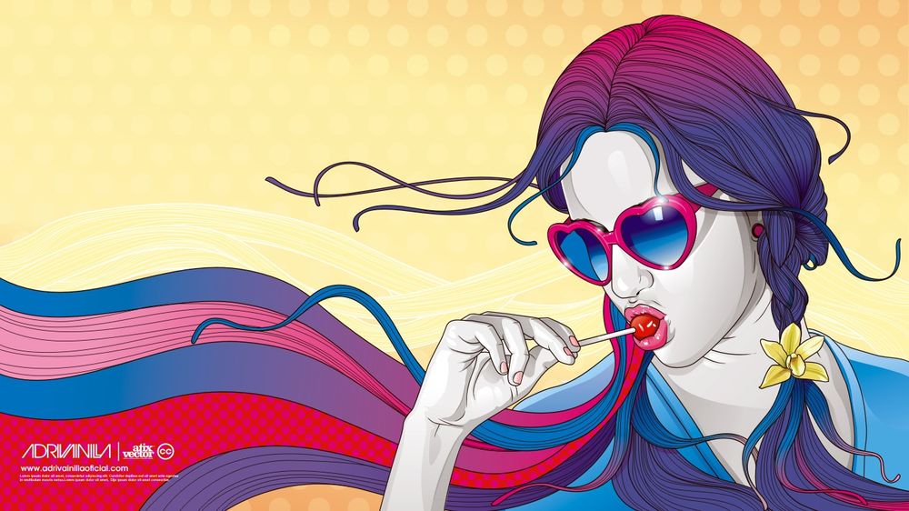 Обои для рабочего стола Девушка с разноцветными прядями в волосах в солнечных очках-сердечках сосёт чупа-чупс / chupa-chups (Adrivanilla atix vector)