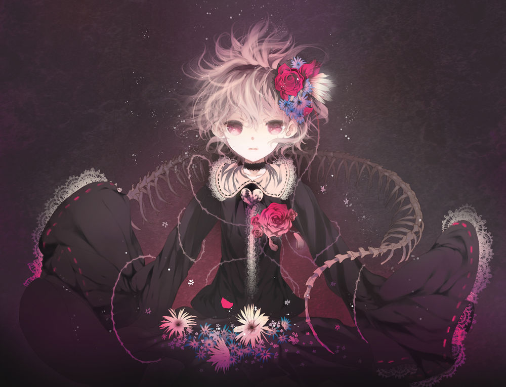 Обои для рабочего стола Сатори Комейдзи / Satori Komeiji из игры Touhou с цветами на платье и в волосах