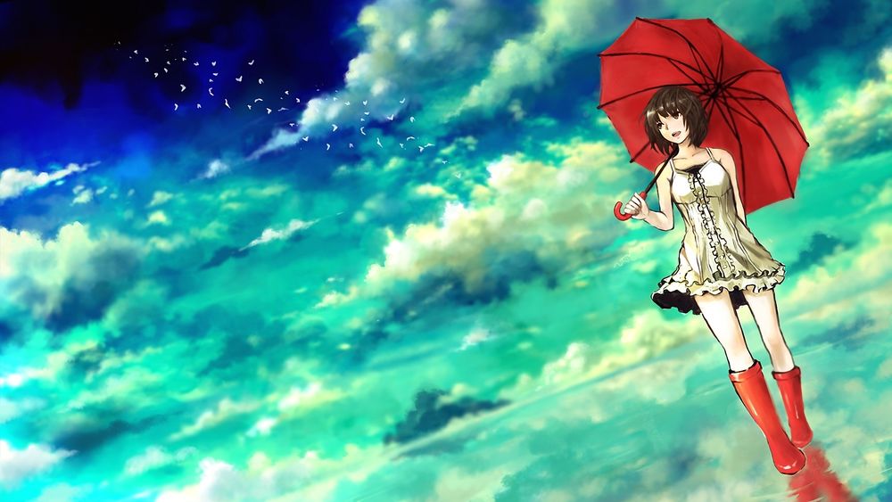 Обои для рабочего стола Анимешная девушка в платье и красных резиновых сапогах с красным зонтом в руке идёт по воде на фоне неба, art by Seafh