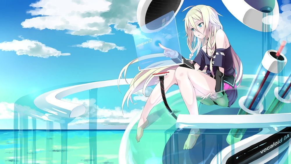 Обои для рабочего стола Vocaloid IA / Вокалоид Ия сидит и тыкает пальцем в монитор компьютера будущего с операционной системой Windows 12