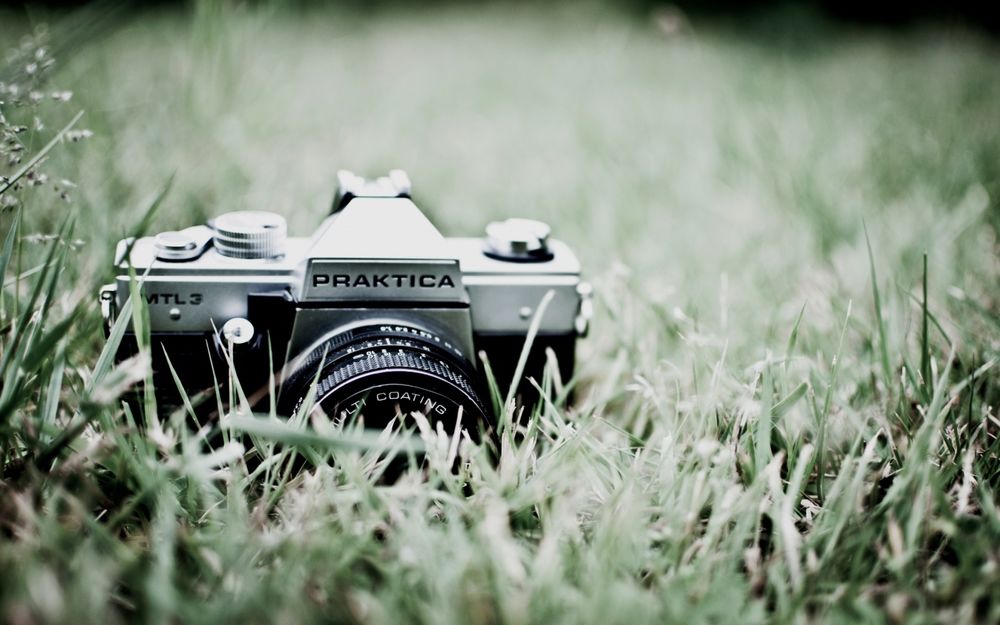 Обои для рабочего стола Старый фотоаппарат в траве (Praktica)