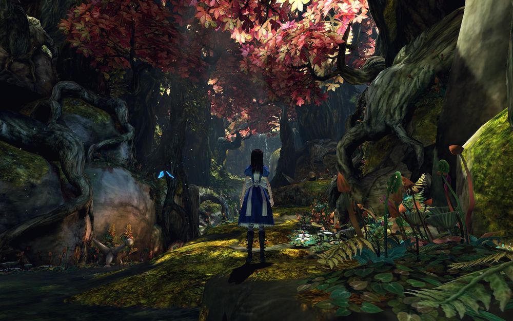 Обои для рабочего стола Алиса/ Alice, стоящая посреди леса, в Стране Чудес / Wonderland, из игры 'Alice: Madness Returns'