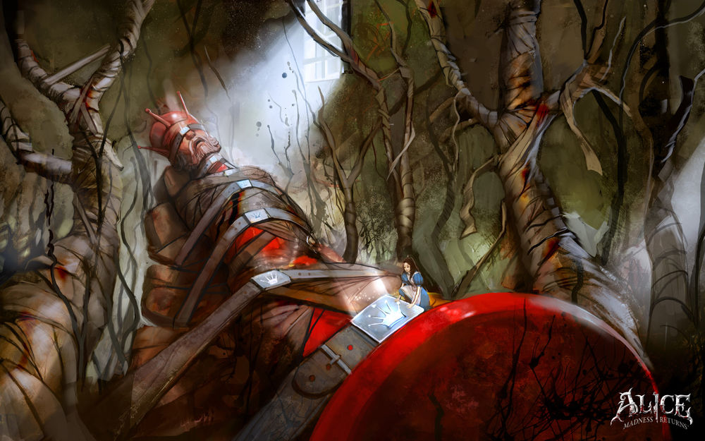 Обои для рабочего стола Алиса / Alice, персонаж игры 'Alice: Madness Returns', сидит на красном короле, огромной шахматной фигуре, связанной ремнями, среди высоких деревьев (Alice: Madness Returns)