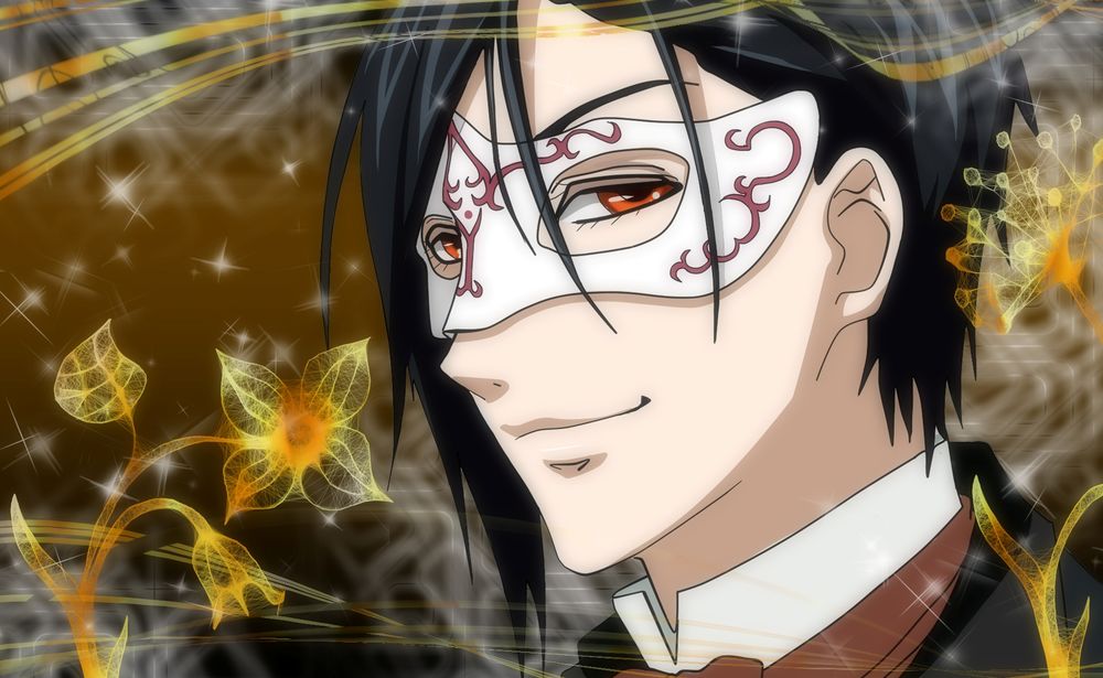 Обои для рабочего стола Sebastian Michaelis / Себастьян Микаэлис в белой карнавальной маске среди золотых цветочных узоров, аниме Тёмный Дворецкий / Black Butler / Kuroshitsuji