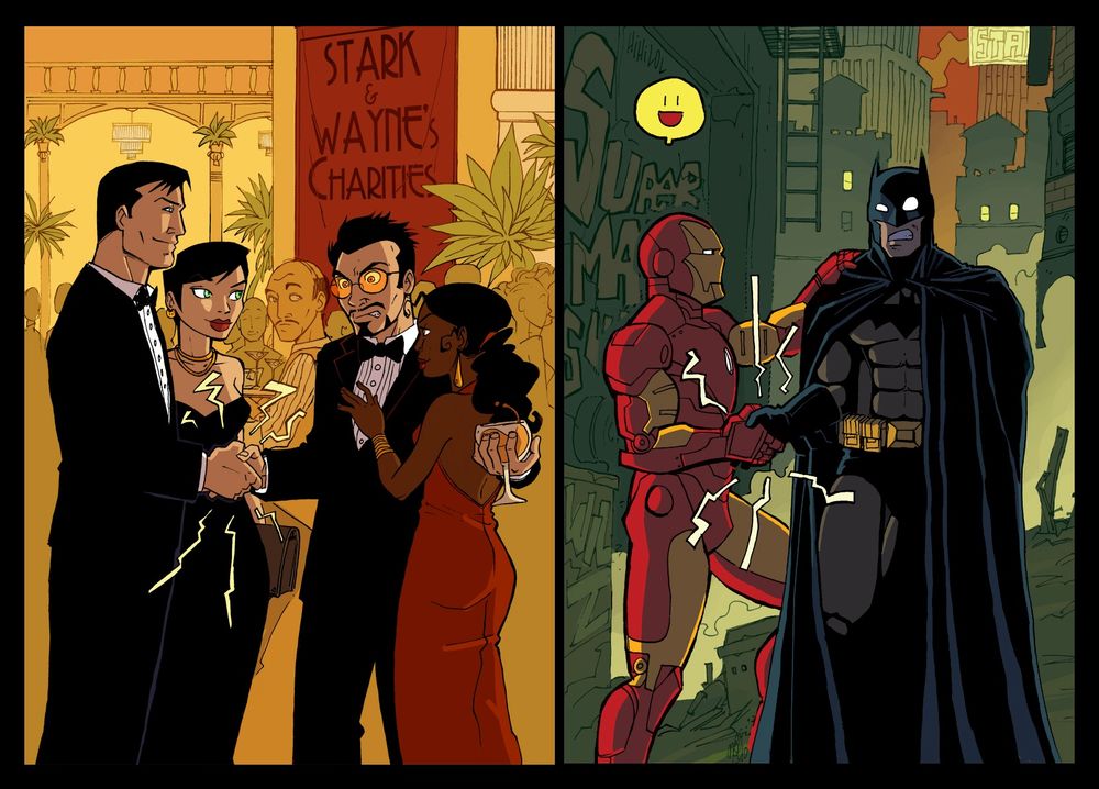 Обои для рабочего стола Шуточный рисунок про дружбу двух супергероев Бэтмена (Брюс Уэйн) / Batman (Bruce Wayne) и Железного Человека (Тони Старк) / Iron Man (Tony Stark), в костюмах и без, из мульфильма 'Batman' (STARK & WAYNE`S CHARITIES | SUPERMAN)
