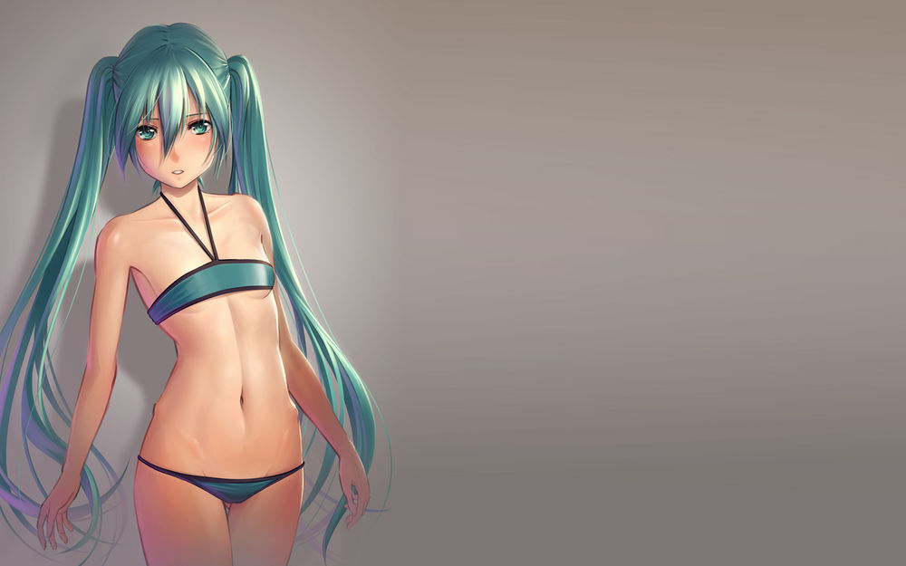 Обои для рабочего стола Вокалоид Мику Хатсуне / Vocaloid Miku Hatsune в купальнике на сером фоне